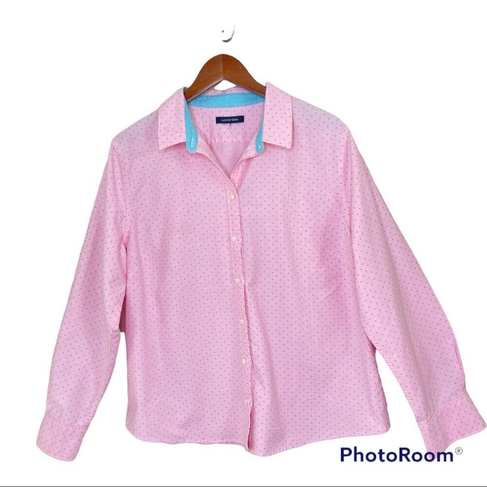 LANDS' END Women’s Size XL Button Down Cotton Dote Pink Shirt